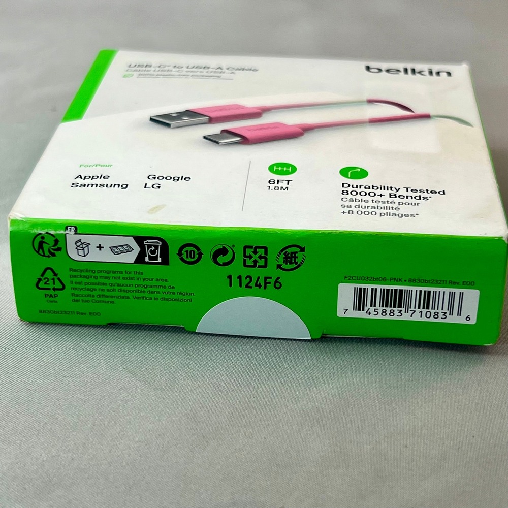 Belkin USB-C to USB-A Cable Unisex 6ft Pink New Durable Charging Sync F2CU032 - Picture 8 of 11